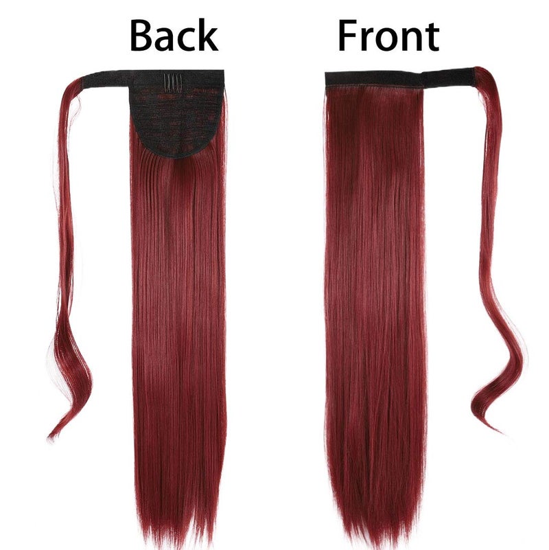 Gangel Red Ponytail Hair Extension Straight Pony Tails Wrap Around Hairpiece Claw Synbthetic Clip in Long Hair Extensions Magic Drawstring Pony Tail Hair Wraps(1 pc) (Wine Red Burg) - Image 2